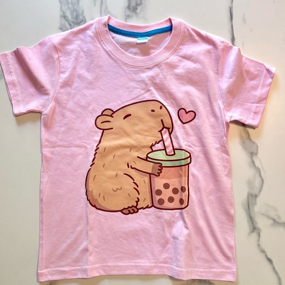 Pink Kids T-Shirt with Capybara & Bubble Tea Print - Picture 3 of 5